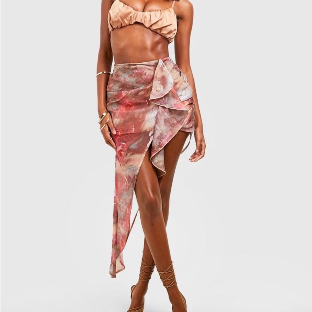 CHIFFON RUFFLE FLORAL ASYMMETRIC SKIRT